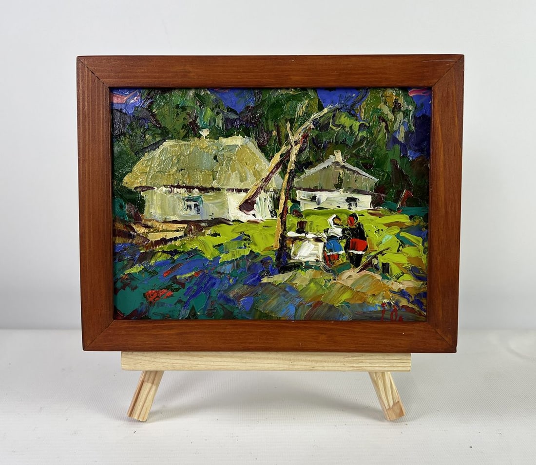 Oil painting Conversation in the embrace of silence Alex Kalenyuk: NoAAA5139The oil painting on Cardboard titled "Conversation in the Embrace of Silence" captures a fleeting yet timeless moment of rural intimacy, where daily life unfolds beneath the protective canopy