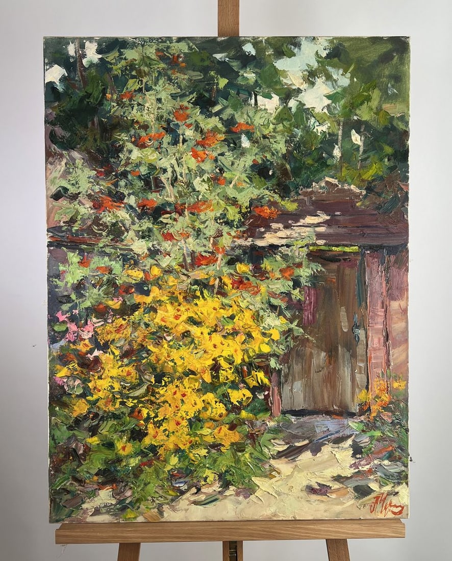 Oil painting Nature's invitation Alexander Cherednichenko: NoAAA5159The oil painting on Canvas titled "Nature-s Invitation" is a celebration of spontaneous beauty-an open doorway into a quiet, sun-drenched corner of rural paradise. At first glance, the viewer