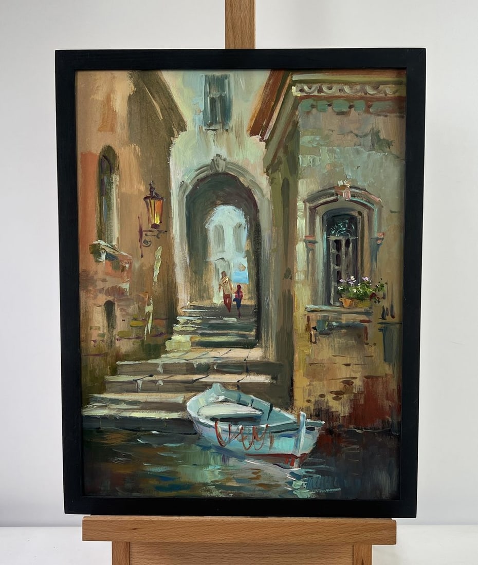 Oil painting Boat in the middle of city streets Yuriy Suprunchuk: NoAAA5175The oil painting on Cardboard titled "Boat in the Middle of City Streets" is a lyrical and dreamlike composition that blurs the lines between architecture and water, between urban life and po