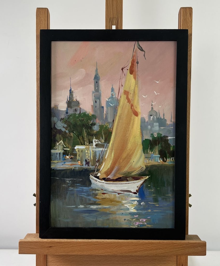 Oil painting The city is silent the boat is sailing Yuriy Suprunchuk: NoAAA5182The oil painting on Cardboard titled "The City is Silent, the Boat is Sailing" presents a mesmerizing contrast between architectural grandeur and the delicate movement of a solitary sailboat.