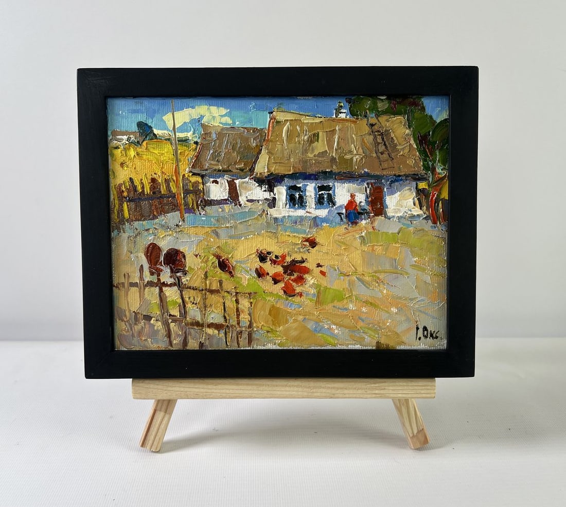 Oil painting A busy courtyard Oksana Kalenyuk: NoAAA5201The oil painting on Canvas titled "A Busy Courtyard" captures a vivid, sun-soaked moment of traditional rural life with warmth, movement, and painterly texture. Through a harmonious blend of 