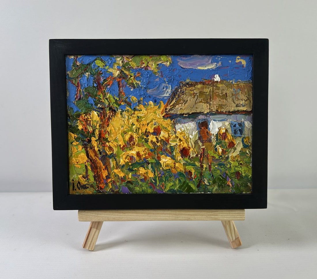 Oil painting House and Sunflowers Oksana Kalenyuk: NoAAA5203The oil painting on Canvas titled "House and Sunflowers" bursts forth with radiant energy and warmth, offering an expressive portrayal of rural serenity and the vibrant pulse of summer.