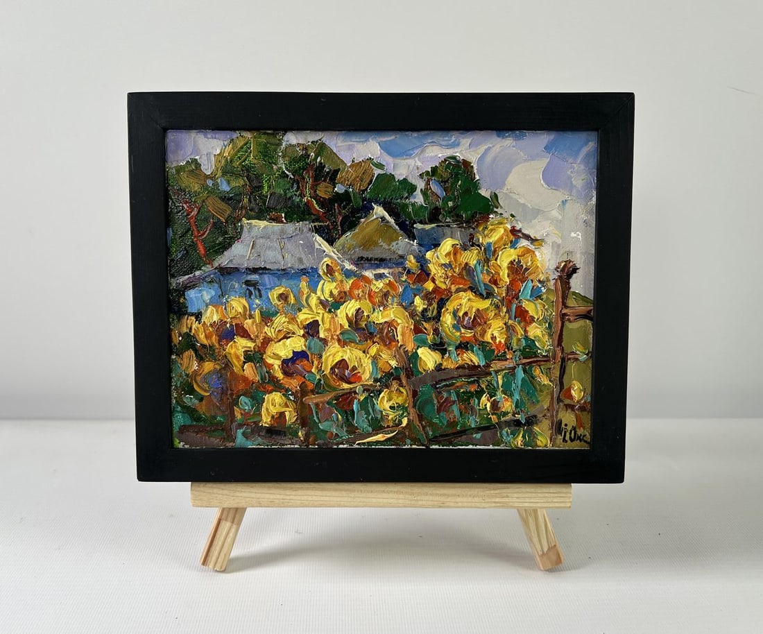 Oil painting Sunflower gardens Oksana Kalenyuk: NoAAA5216The oil painting on Canvas titled "Sunflower Gardens" bursts with color and vitality, capturing the radiant charm of a countryside scene in full summer bloom. Rendered in a rich impasto