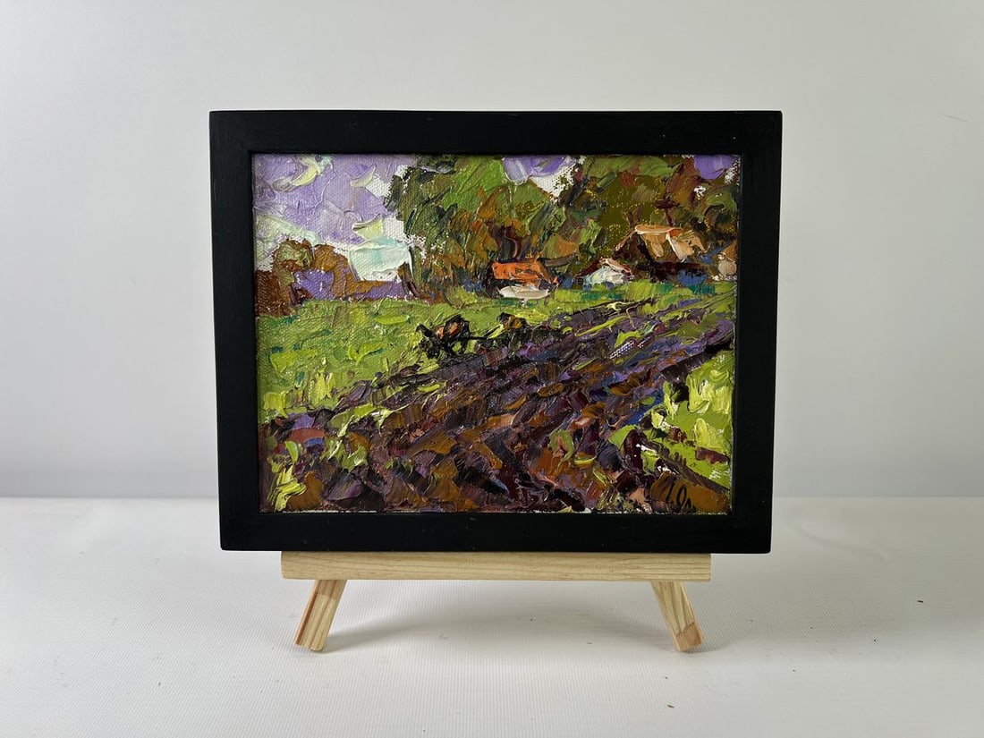 Oil painting Morning in the village Alex Kalenyuk: NoAAA5227The oil painting on Canvas titled "Morning in the Village" immerses the viewer in the quiet intensity of a new rural day, just as dawn breaks and labor begins under a violet sky. This vivid