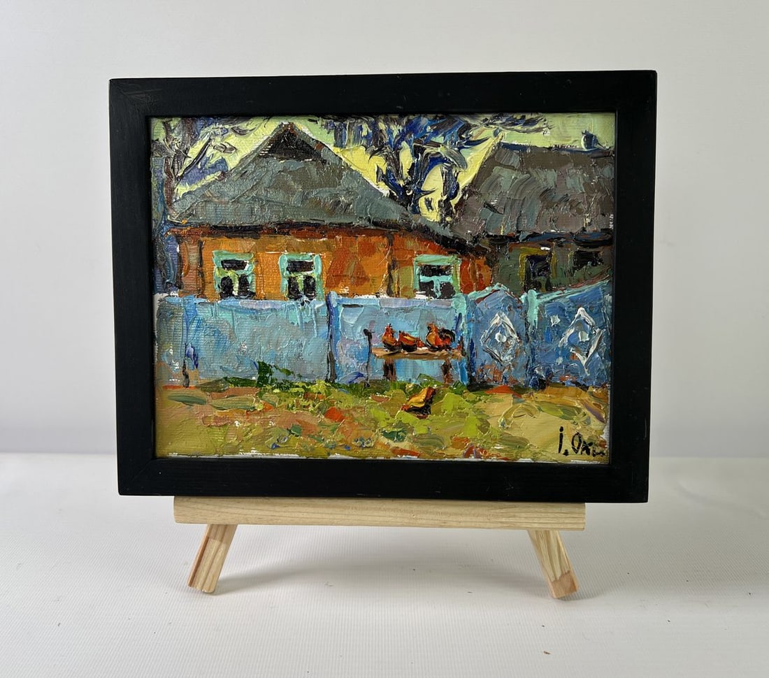 Oil painting Quiet Village days Oksana Kalenyuk: NoAAA5228The oil painting on Canvas titled "Quiet Village Days" captures a serene and familiar moment within a rural settlement, where the rhythm of life is slow, the air is filled with the sounds of 