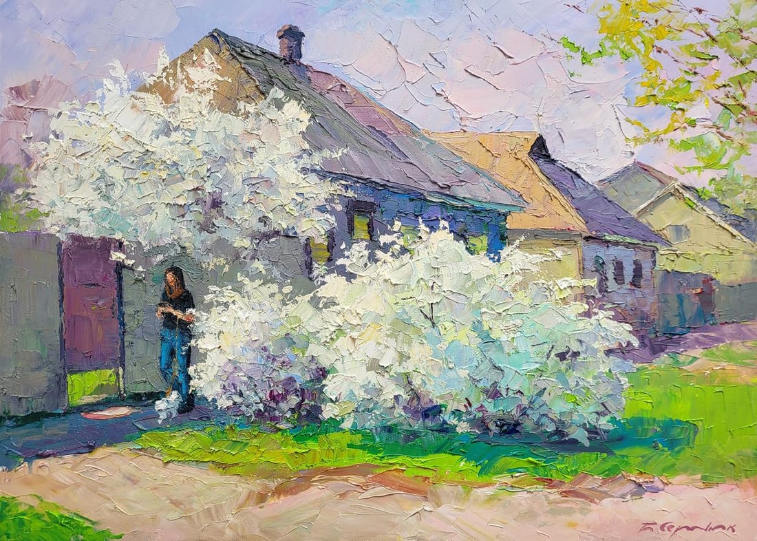 Oil painting April is on our street Boris Serdyuk: NoSERB 1075"April is on Our Street" is a vivid oil painting that beautifully encapsulates the serene and blossoming atmosphere of springtime in a quiet neighborhood. The composition is dominated by a 