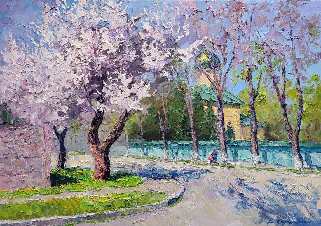 Oil painting Apricot blossom Boris Serdyuk: NoSERB 1079"Apricot Blossom" is an exquisite oil painting that encapsulates the vibrant and delicate beauty of spring. The artwork features a serene street scene, where the focal point is a blooming a