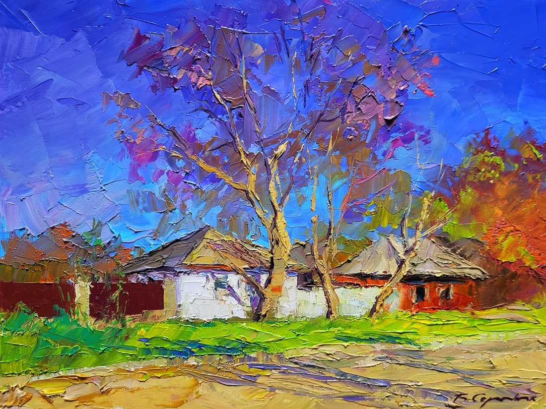 Oil painting Early spring Boris Serdyuk: NoSERB 1118The painting titled "Early Spring" captures a tranquil rural scene filled with the warmth and anticipation of the changing season. The composition features traditional village houses with w
