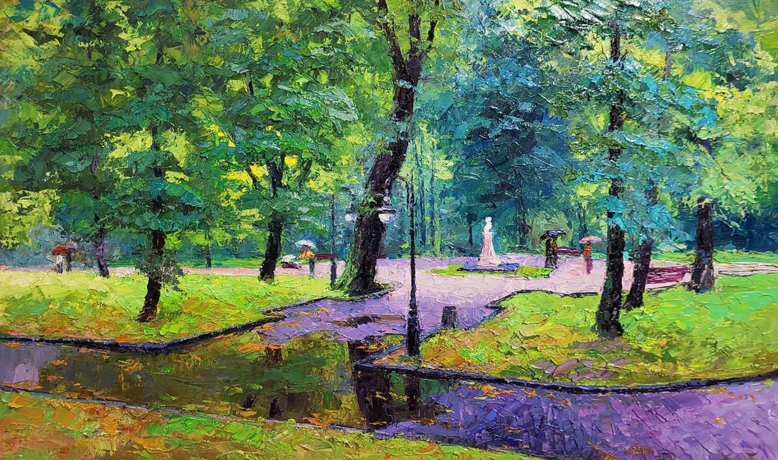 Oil painting City park Boris Serdyuk: NoSERB 1121The painting titled "City Park" captures a serene and peaceful scene of a park on a rainy day, evoking feelings of tranquility and quiet reflection. The composition showcases a lush, green 
