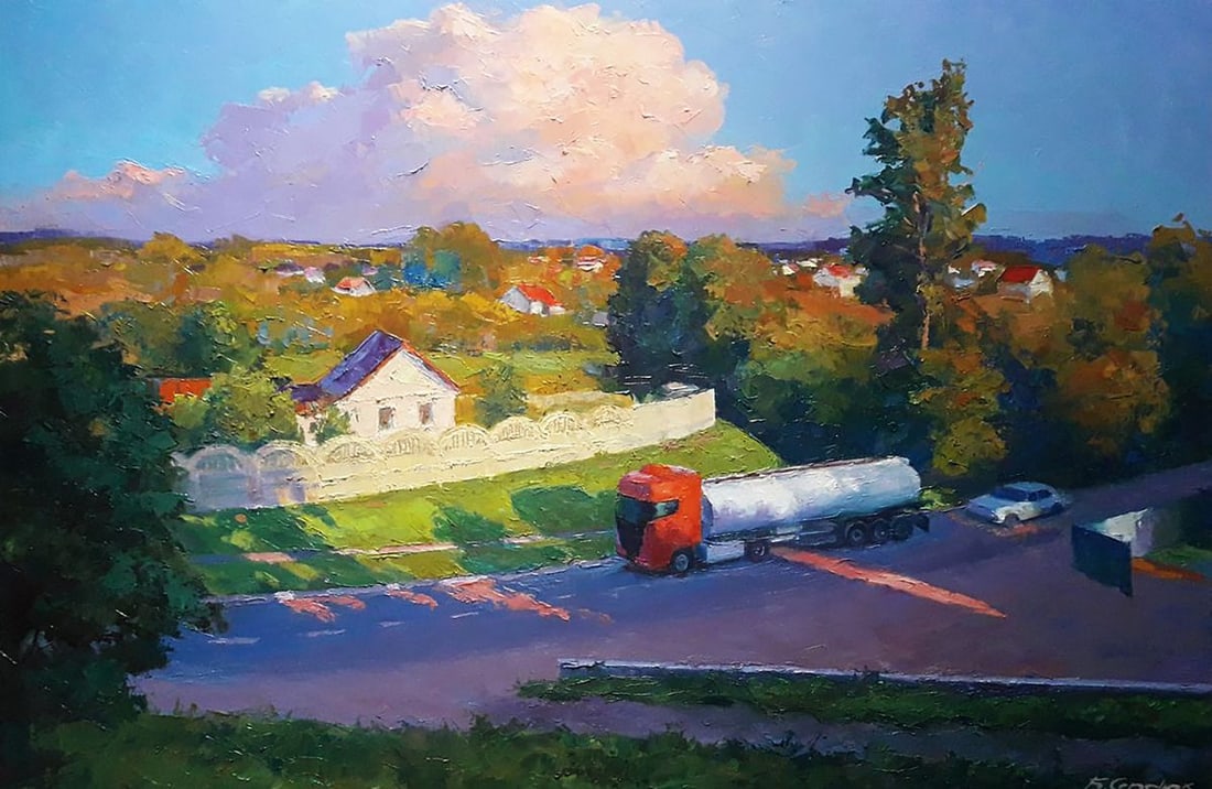 Oil painting Evening city Boris Serdyuk: NoSERB 1126The painting titled "Evening City" depicts a peaceful and picturesque suburban landscape as evening approaches, capturing the warmth and tranquility of a small town. The scene is bathed in