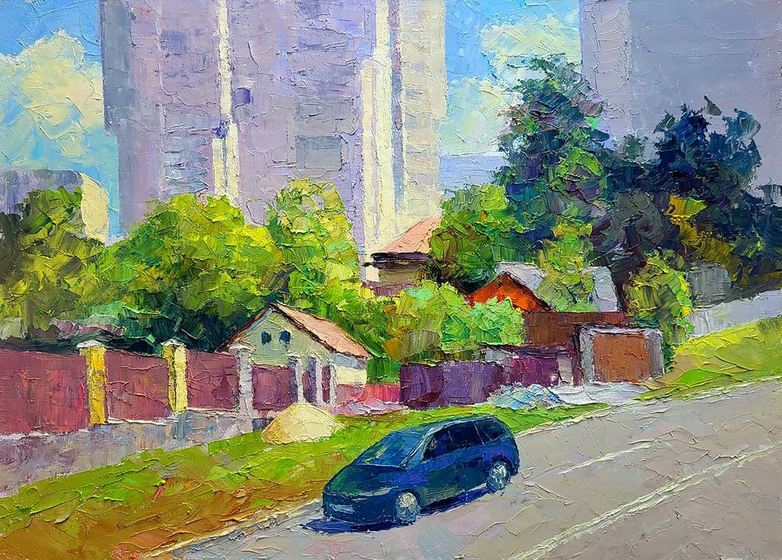 Oil painting Along the city street Boris Serdyuk: NoSERB 1140The painting "Along the City Street" presents a vivid contrast between urban architecture and natural greenery, capturing the coexistence of modernity and tradition in a fast-evolving