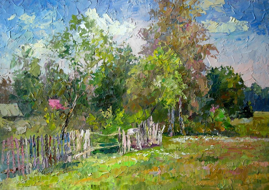 Oil painting On the outskirts Boris Serdyuk: NoSERB 1141The painting "On the Outskirts" captures the serene beauty of a rural landscape, evoking a sense of calm and nostalgia. The scene depicts a quiet corner on the outskirts of a village, where