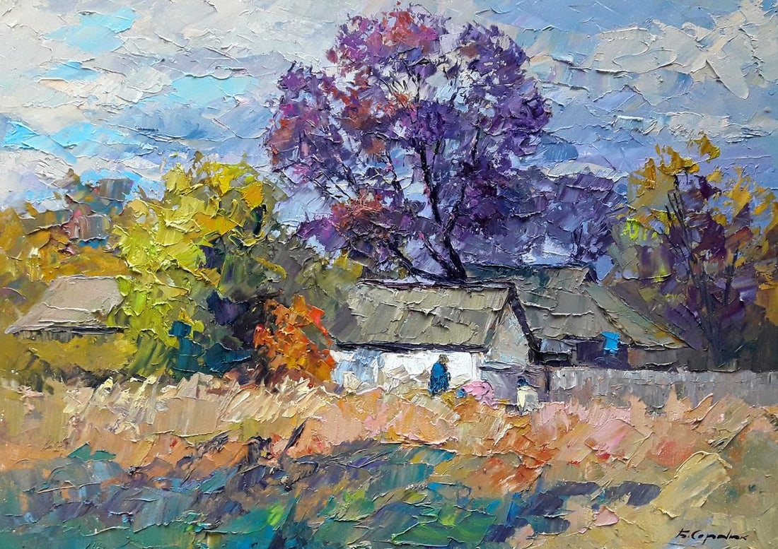 Oil painting Autumn chores Boris Serdyuk: NoSERB 1143The painting "Autumn Chores" captures a quiet rural scene in the midst of the autumn season. The centerpiece of the composition is a small, modest cottage with a weathered roof, standing un