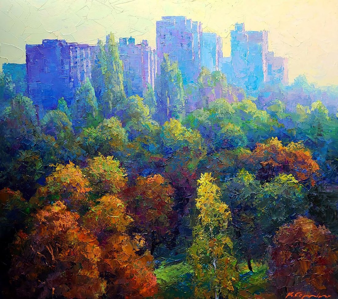 Oil painting Morning in the city Boris Serdyuk: NoSERB 1150The painting "Morning in the City" captures the serene beauty of an urban landscape waking up under the gentle embrace of morning light. The artist masterfully combines the vibrant hues of