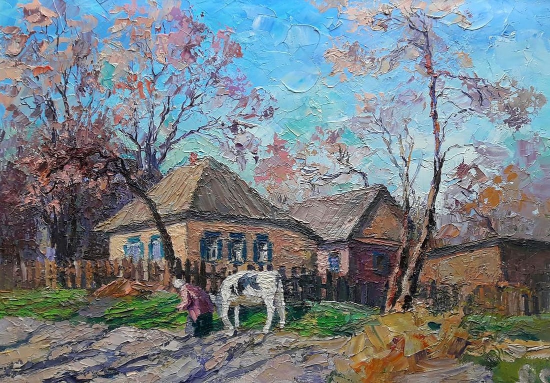 Oil painting Rural landscape Boris Serdyuk: NoSERB 1155The painting "Rural Landscape" portrays a peaceful and nostalgic scene from village life, evoking a sense of simplicity and closeness to nature. The artwork, created with expressive