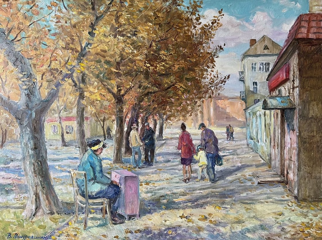 Oil painting Autumn on the chestnut street V. Mishurovsky: No125"Autumn on the Chestnut Street" by Viktor Myshurovsky captures the essence of a vibrant urban scene during autumn. The painting depicts a bustling street lined with chestnut trees adorned in gold
