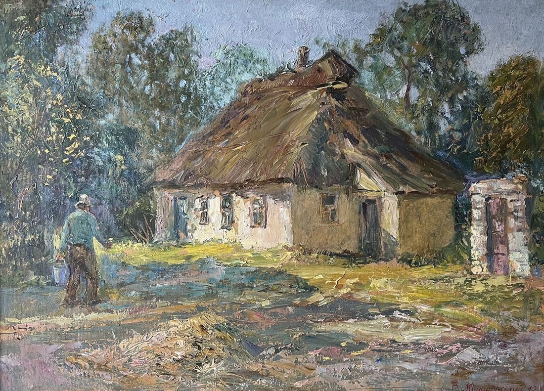 Oil painting The owner's yard V. Mishurovsky: No127"The Owner's Yard" by Viktor Myshurovsky captures the rustic charm and tranquility of rural life. The painting depicts an elderly figure, presumably the homeowner, in a traditional Ukrainian vill
