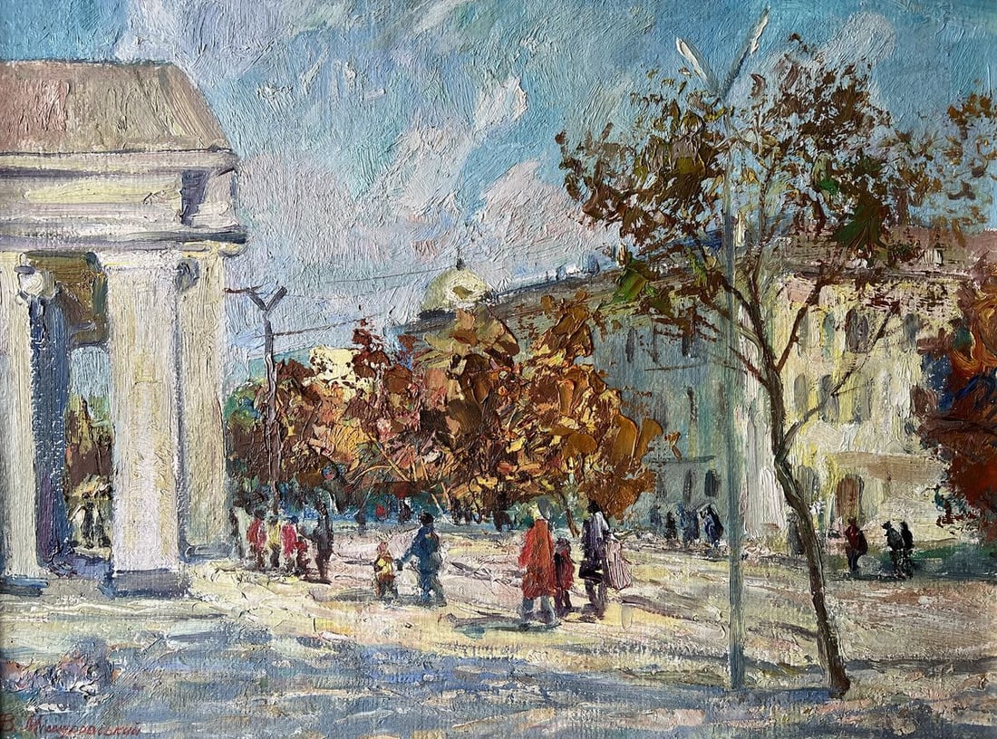 Oil painting Autumn near the theater V. Mishurovsky: No163"Autumn near the Theater" by Viktor Myshurovsky captures a vibrant scene of urban life during the fall season. The painting features a group of people walking near a grand building, presumably a