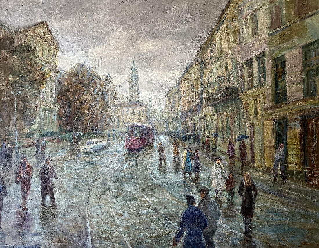 Oil painting It is raining in Lviv V. Mishurovsky: No185"It is Raining in Lviv" by Viktor Myshurovsky captures a quintessential urban scene in the historic city of Lviv, filled with the charm and atmosphere of a rainy day. The painting depicts a bustl