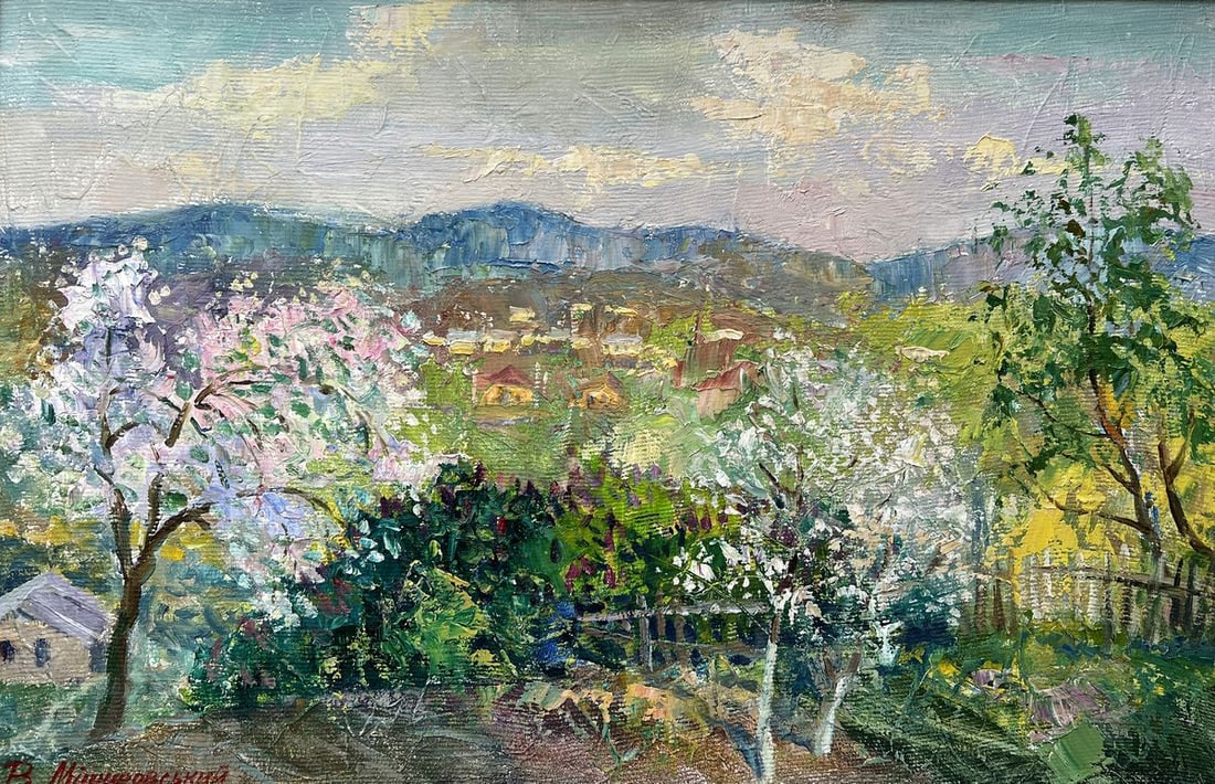 Oil painting May is blooming V. Mishurovsky: No284In "May is Blooming," Viktor Myshurovsky captures the lush beauty and vibrant energy of spring in full bloom. The painting is a vivid portrayal of a landscape bathed in the fresh colors of May,