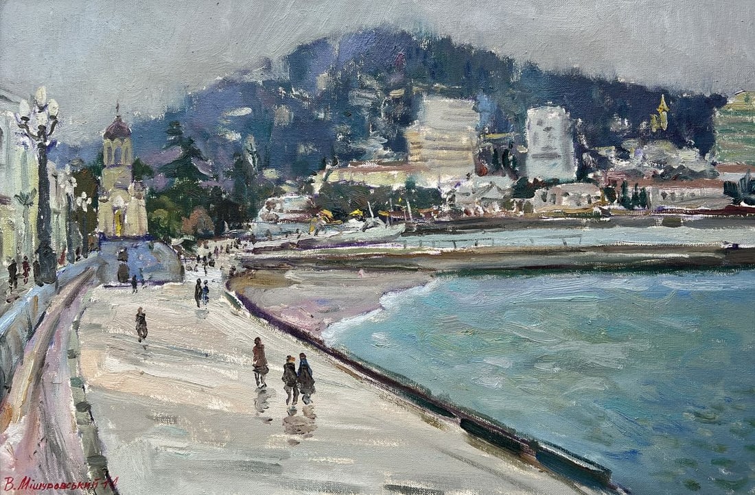 Oil painting Embankment of the city V. Mishurovsky: No287In "Embankment of the City," Viktor Myshurovsky masterfully captures a quiet moment along a city's waterfront, where the calmness of the sea meets the structured lines of urban life. The