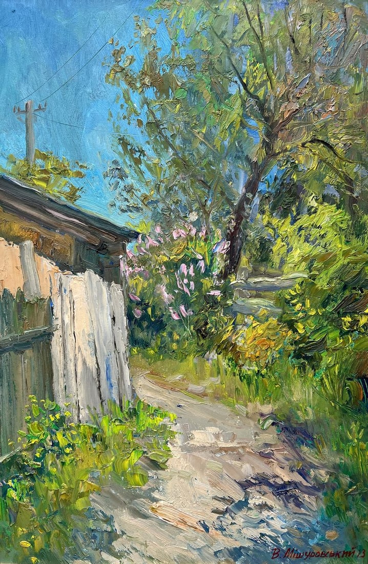 Oil painting When the lilac blooms V. Mishurovsky: No292"When the Lilac Blooms" by Viktor Myshurovsky is a vibrant depiction of the arrival of spring, captured through the blossoming of lilacs and the awakening of nature. The painting immerses the