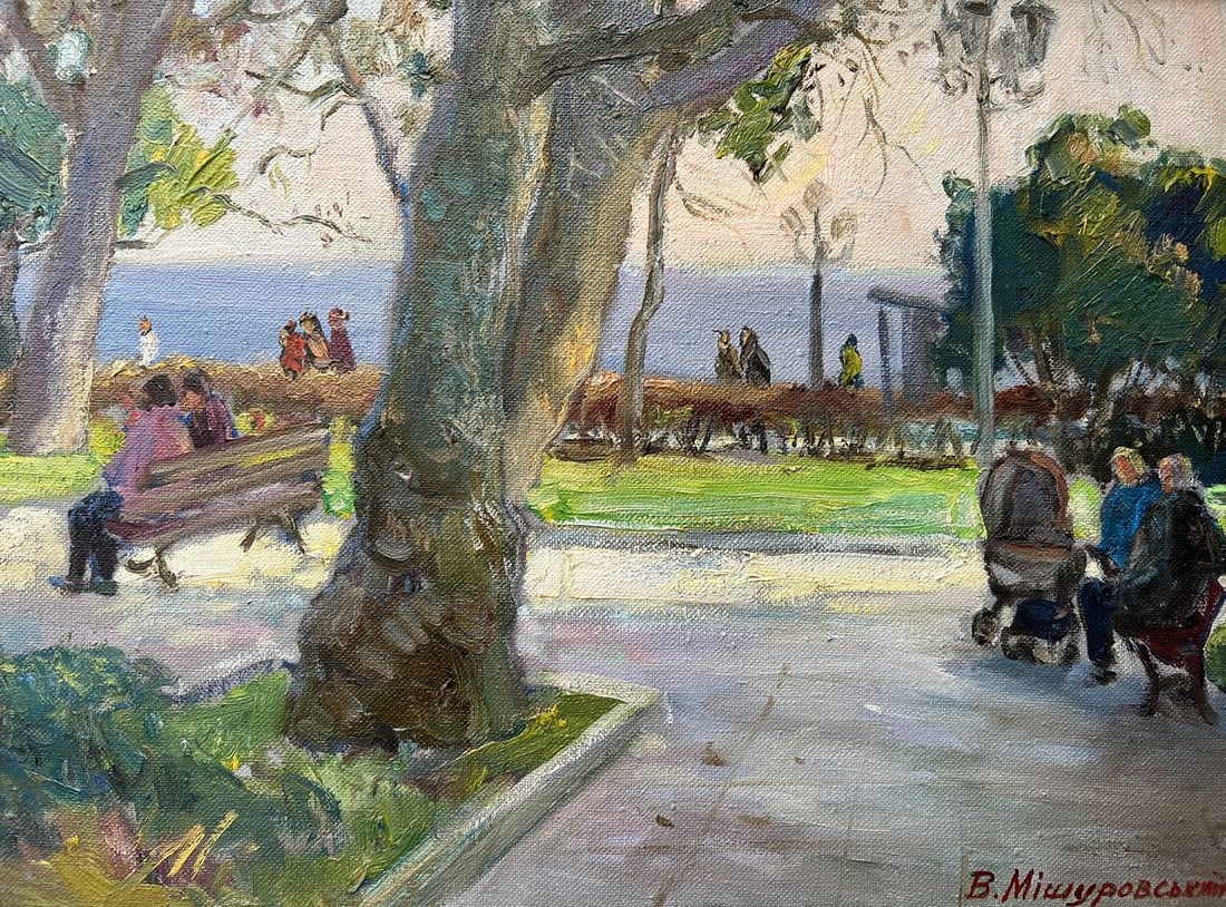 Oil painting A warm day V. Mishurovsky: No302In the painting "A Warm Day," Viktor Myshurovsky captures the serene and tranquil atmosphere of a leisurely day in a park by the water. The scene is filled with people enjoying the warmth of the