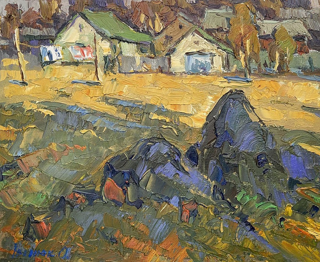 Oil painting Evening Kalenyuk Oksana: NoKalen 1194"Evening" is a captivating oil painting that immerses viewers into the tranquil ambiance of a village at dusk. The artwork is characterized by its rich, tactile texture and an intricate