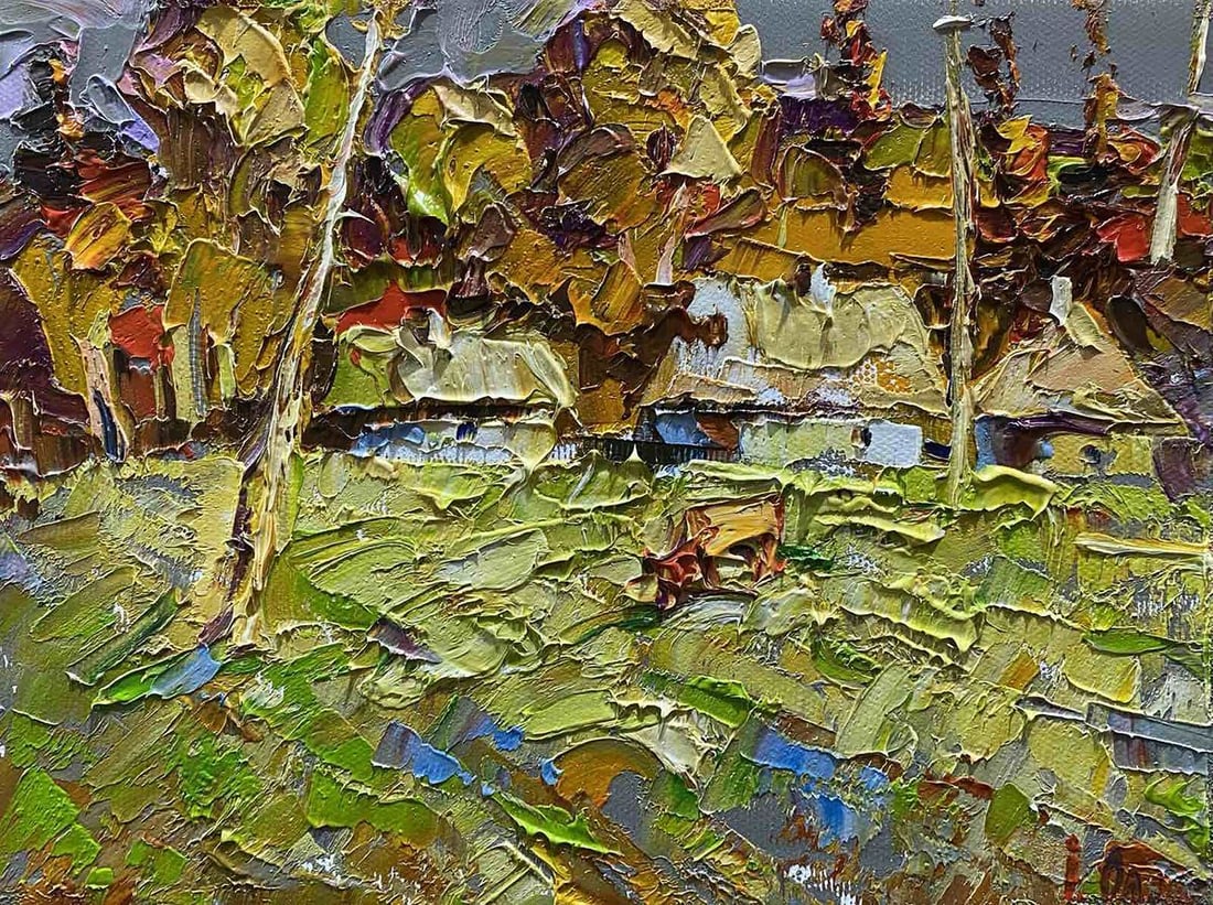 Oil painting Edge of the village Oksana Kalenyuk: NoKalen 1220Entitled "Edge of the village" this piece of art is done in a style that uses the impasto technique, where the paint is applied in thick, textured strokes. This creates a rich and textured