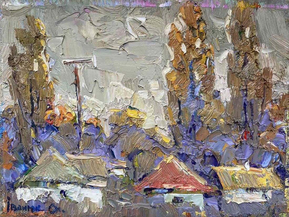Oil painting Autumn poplars Alex Kalenyuk: NoKalen 1250"Autumn Poplars" is an oil painting that captures the essence of a rustic autumnal landscape, with the focus on the towering poplar trees as they begin to shed their foliage. The painting 