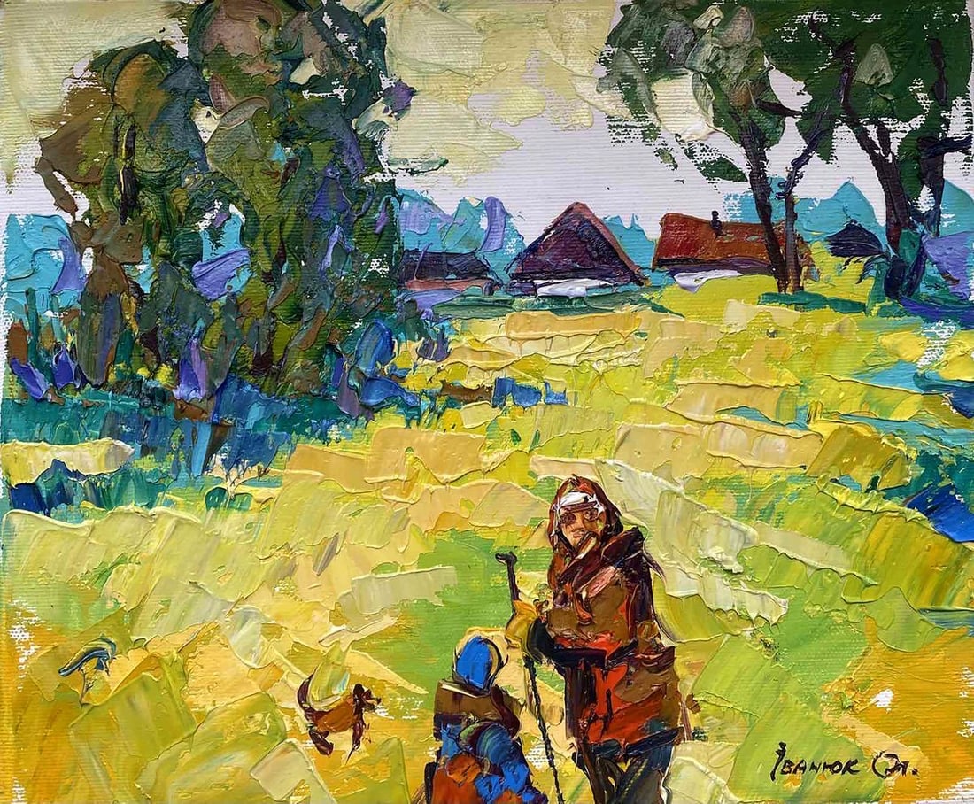 Oil painting On the run Alex Kalenyuk: NoKalen 1254The oil painting titled "On the Run" captures a moment of urgent movement within a pastoral landscape. This vibrant artwork is characterized by its bold, expressive brushwork and a rich pa