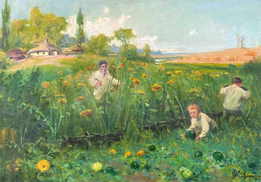 Oil painting Watermelons Nestor Mitrofanovich Kizenko: No1583 *** ABOUT THIS PAINTING *** * TITLE: "Watermelons" * ARTISTS: Nestor Mitrofanovich Kizenko * SIZE: 76x53 cm/'29.92x20.86 inches' * MEDIUM: oil, canvas * HAND PAINTED: Original painting from