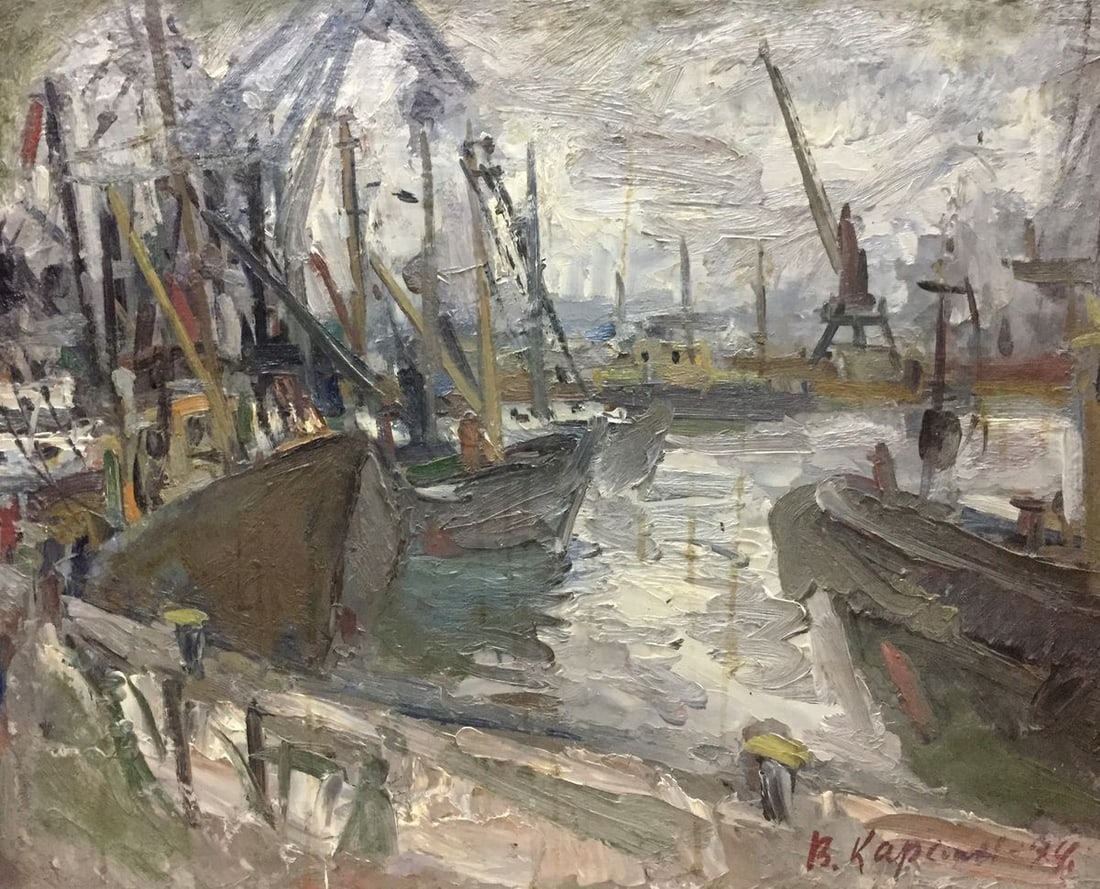 Oil painting Ship pier Karelin Vyacheslav: NoVern 153 *** ABOUT THIS PAINTING *** * TITLE: "Ship pier" * ARTISTS: Karelin Vyacheslav * SIZE: 49x60 cm/'19.29x23.62 inches' * MEDIUM: oil, cardboard * HAND PAINTED: Original painting from our