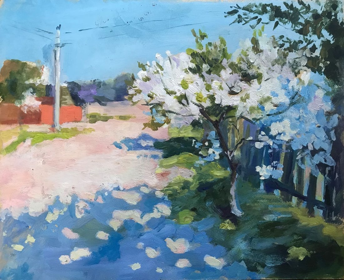 Oil painting Sunny warm day Peter Tovpev: NoAAA2244 Step into a world of warmth and sunshine with this oil painting, "Sunny warm day." The idyllic scene of a country road winding through green trees is bathed in the bright light of a perfect