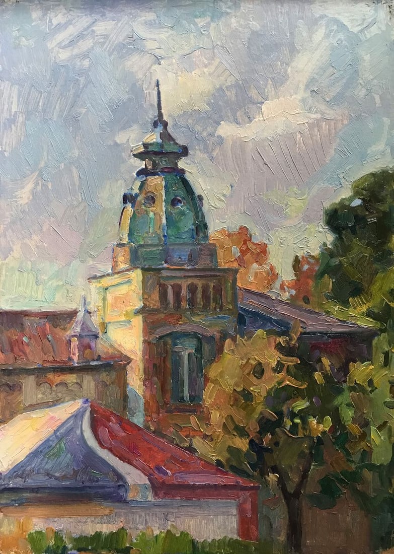 Oil painting City church Peter Tovpev: NoAAA2252 "City church" is an oil painting that captures the beauty and serenity of a cityscape. The painting features a church in the center of the composition, surrounded by trees and other building