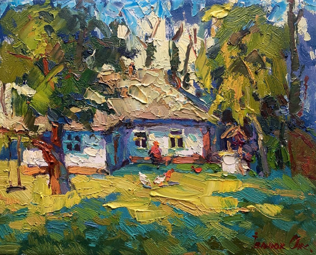 Oil painting Grandma Natalka's yard Kalenyuk Oksana: NoAAA2601 *** ABOUT THIS PAINTING *** * TITLE: "Grandma Natalka's yard" * ARTISTS: Kalenyuk Oksana * SIZE: 20x25 cm/'7.87x9.84 inches' * MEDIUM: oil, canvas * HAND PAINTED: Original painting from our 