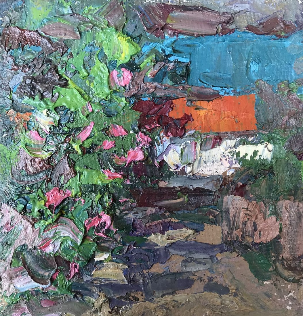 Oil painting Home garden Alexander Nikolaevich Cherednichenko: NoAAA2687The oil painting is a picturesque depiction of idyllic village life. The scene is set against a backdrop of rolling hills and a clear blue sky. In the foreground, a lush garden filled with vi