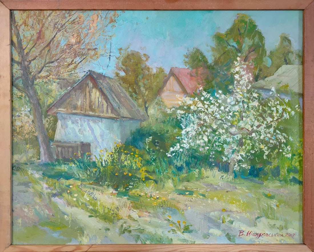 Oil painting Spring in Teklino Mishurovsky V. V.: No44 *** ABOUT THIS PAINTING *** * TITLE: "Spring yard" * ARTISTS: Mishurovsky V. V. * SIZE: 40x50 cm / 15,74x19,68 inches * MEDIUM: Oil, canvas on the cardboard * HAND PAINTED: Original painting from