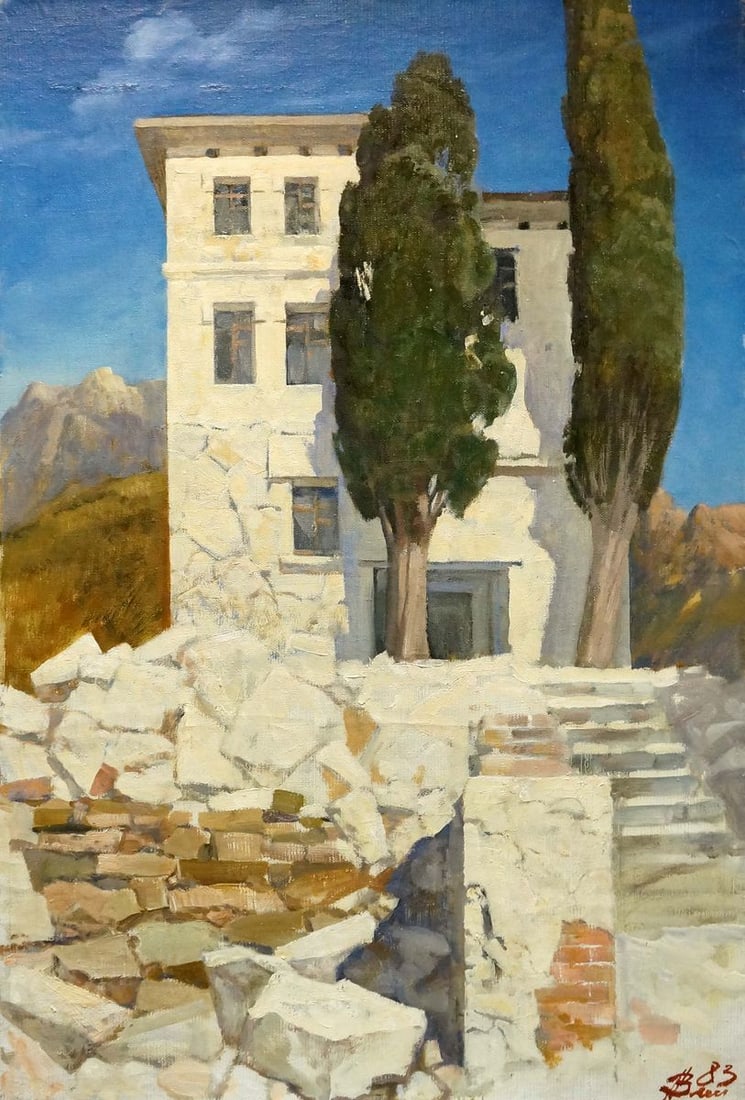 Oil painting House in the mountains Vasyukov Petr Petrovich: NoVerns 911 *** ABOUT THIS PAINTING *** * TITLE: "House in the mountains" * ARTISTS: Vasyukov Petr Petrovich * SIZE: 60x90 cm/'23.62x35.43 inches' * MEDIUM: oil, canvas * HAND PAINTED: Original