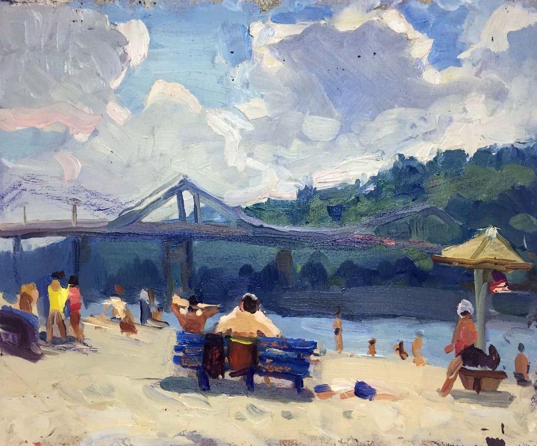 Oil painting By the river bank Popov I. A.: NoVerns 939 *** ABOUT THIS PAINTING *** * TITLE: "By the river bank" * ARTISTS: Popov I. A. * SIZE: 21.5x17.5 cm/'8.46x6.88 inches' * MEDIUM: oil, cardboard * HAND PAINTED: Original painting from our