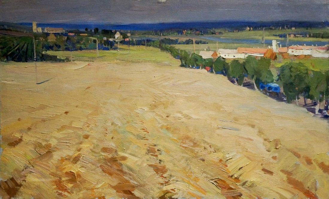 Oil painting Wheat field: NoVern 677 *** ABOUT THIS PAINTING *** * TITLE: "Wheat field" * ARTISTS: * SIZE: 41x67 cm/'16.14x26.37 inches' * MEDIUM: oil, canvas * HAND PAINTED: Original painting from our collection * CONDITION:
