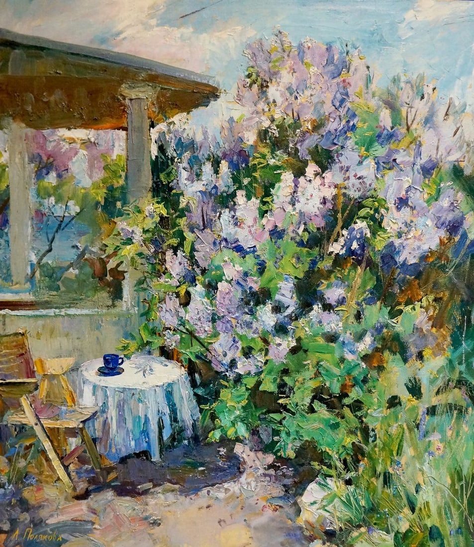 Oil painting Lilac blooms Polyakova Lyudmila Valentinovna: NoVern 792 *** ABOUT THIS PAINTING *** * TITLE: "Lilac blooms" * ARTISTS: Polyakova Lyudmila Valentinovna * SIZE: 70x80 cm/'27.55x31.49 inches' * MEDIUM: oil, canvas * HAND PAINTED: Original painting