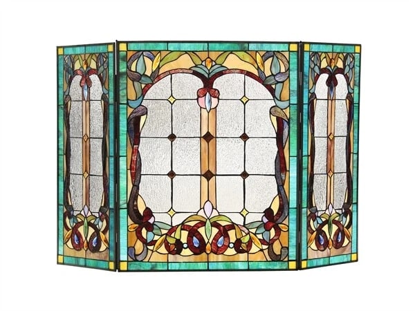 44" Folding Stained Glass Fireplace Screen: 43.6" Wide x 27.8" Tall A stunning reproduction stained glass fireplace panel meticulously handcrafted from pieces of hand cut stained art glass. Each individual piece of stained glass is