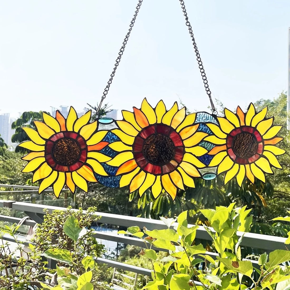 22" Stained Glass Sunflower Window Hanging Panel Suncatcher - 4