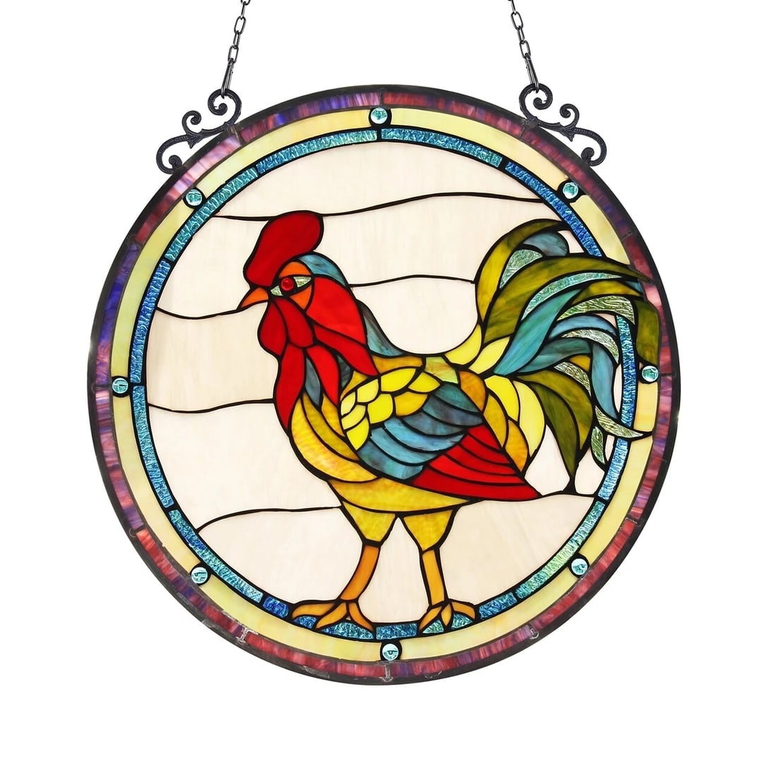23.5" Round Rooster Stained Glass Window Hanging Panel Suncatcher - 2