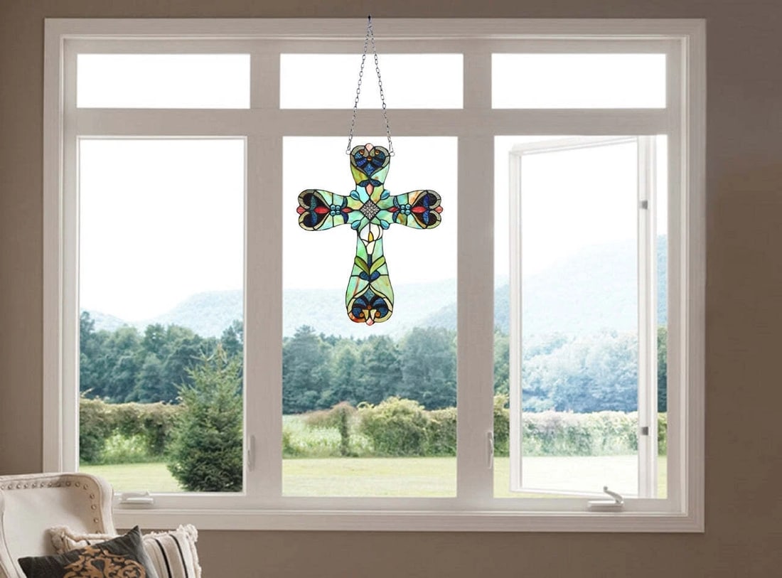 20" Stained Glass Cross Window Hanging Panel Suncatcher - 5
