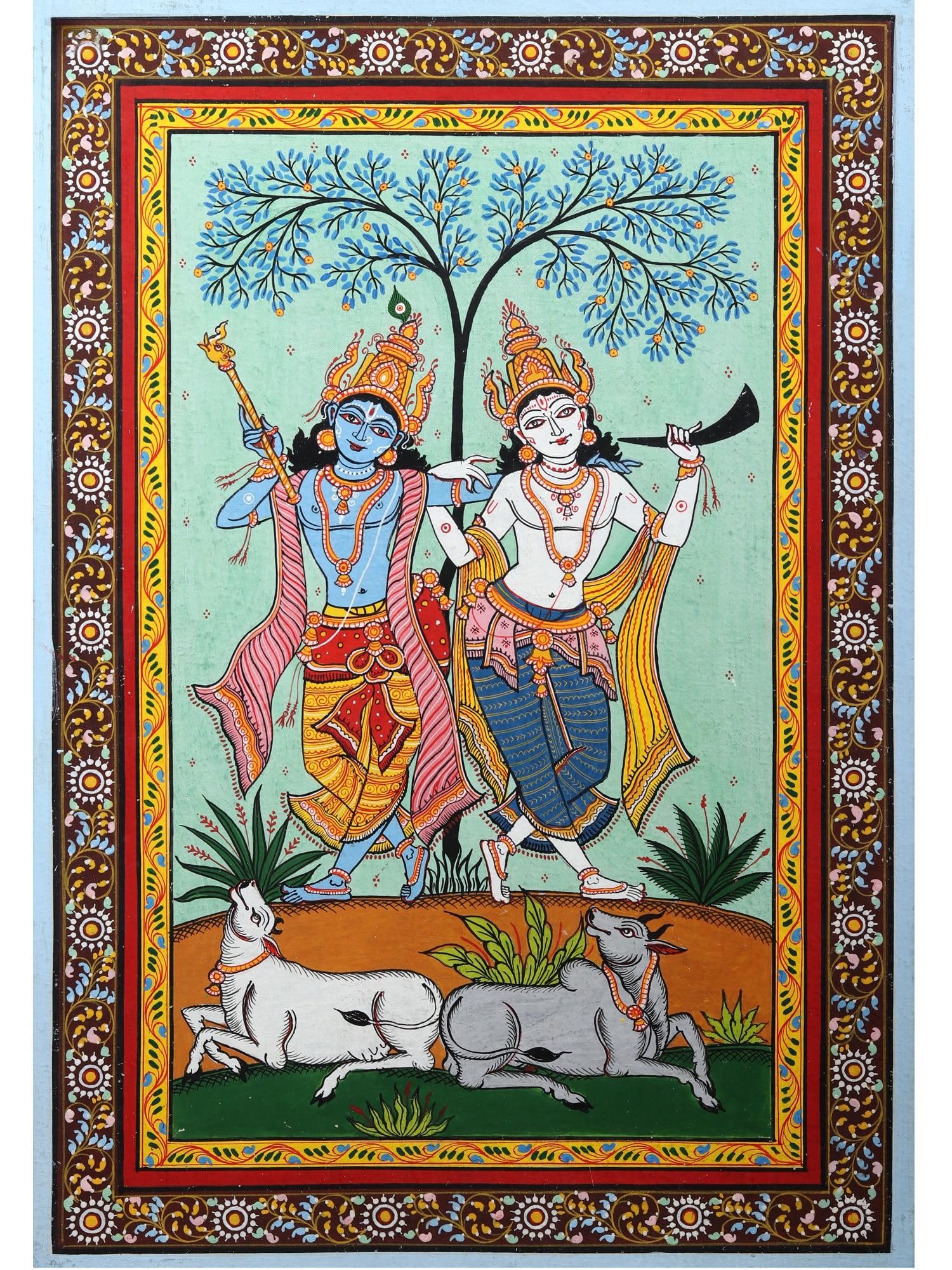 Dancing Lord Krishna with Brother Balaram | Pattachitra Painting from Odisha: Title: Dancing Lord Krishna with Brother Balaram | Pattachitra Painting from Odisha Description: Folk Paintings Reserve: $160.00 Shipping: Domestic: Shipping rates are determined by destination
