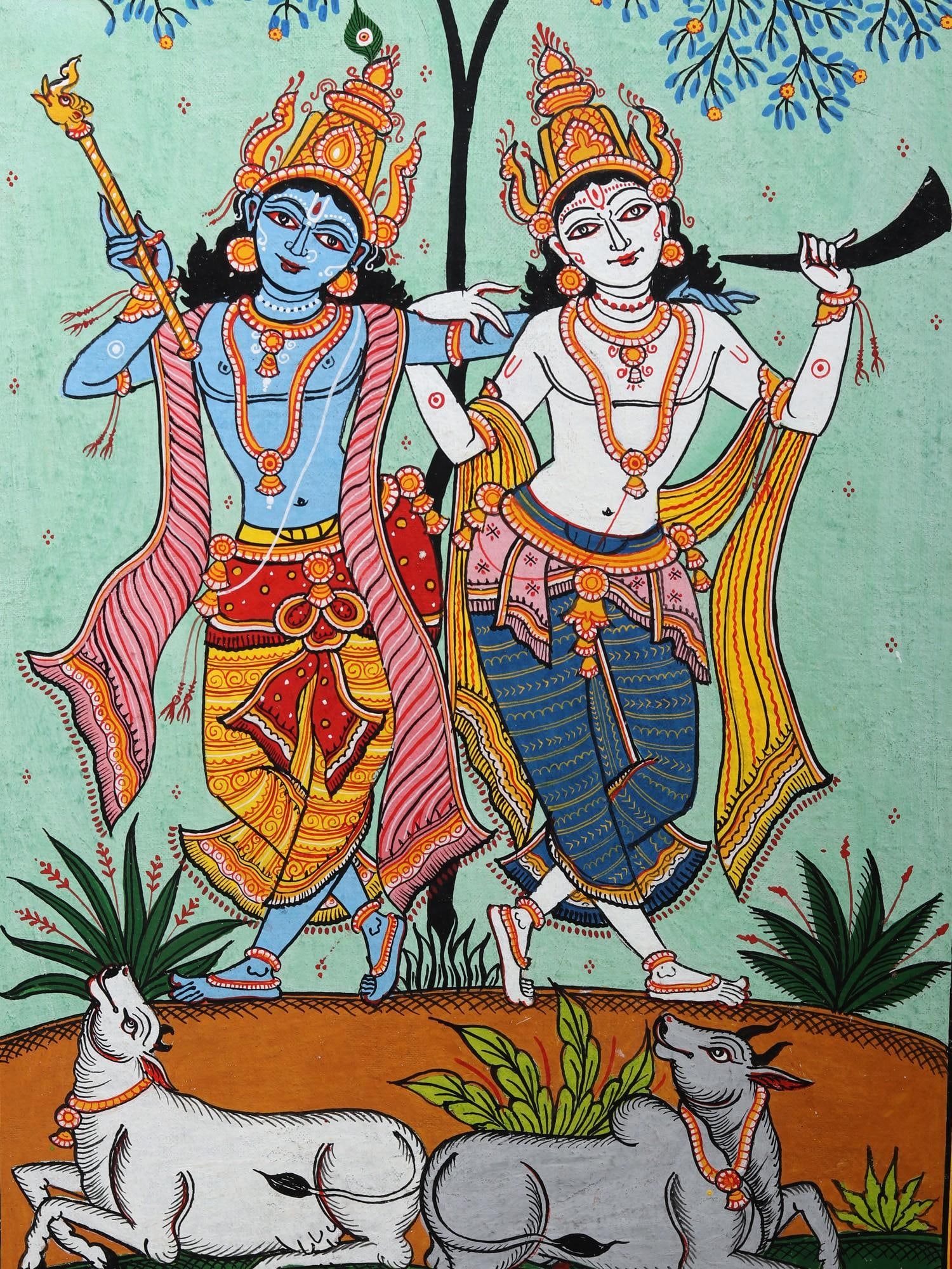 Dancing Lord Krishna with Brother Balaram | Pattachitra Painting from Odisha - 2