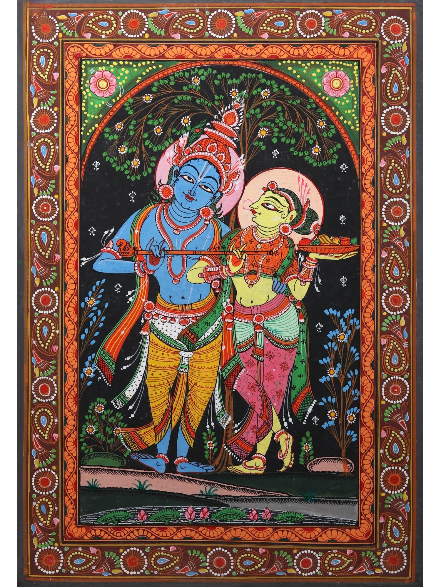 Fluting Radha Krishna | Pattachitra Painting from Odisha: Title: Fluting Radha Krishna | Pattachitra Painting from Odisha Description: Folk Paintings Reserve: $140.00 Shipping: Domestic: Shipping rates are determined by destination International: Foreign