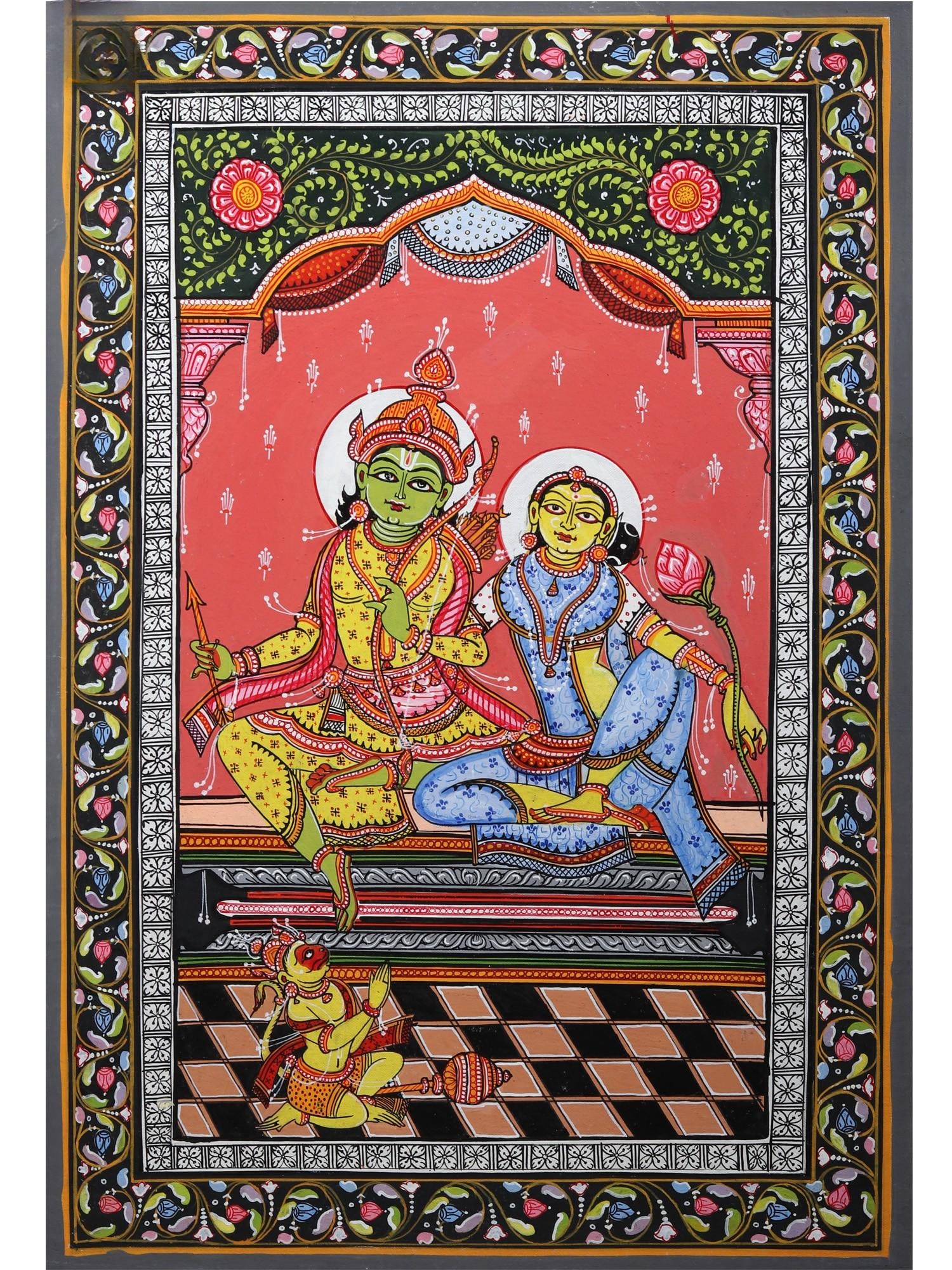 Siya - Ram with Bhakta Hanuman | Pattachitra Painting from Odisha: Title: Siya - Ram with Bhakta Hanuman | Pattachitra Painting from Odisha Description: Folk Paintings Reserve: $140.00 Shipping: Domestic: Shipping rates are determined by destination International: